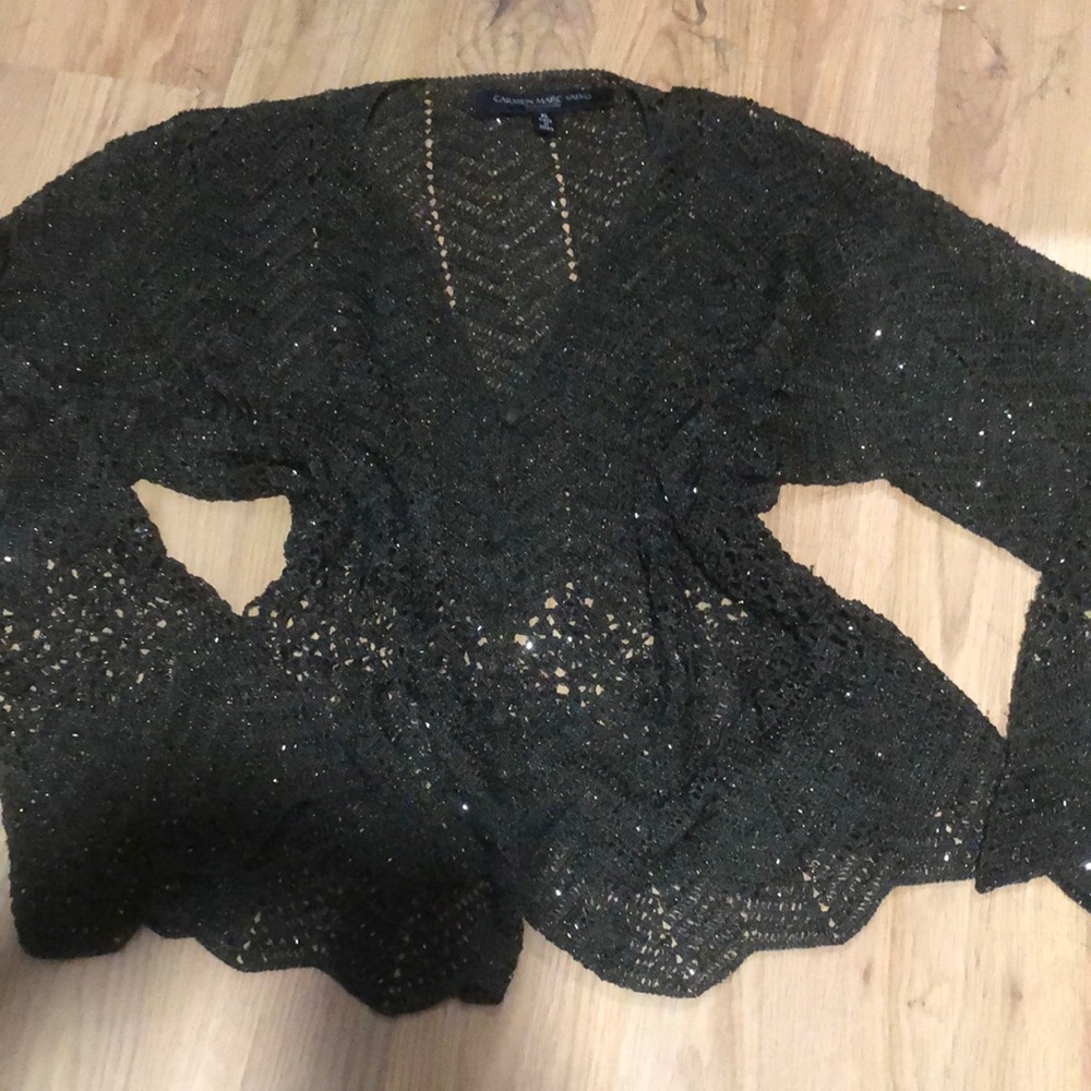 Carmen Marc Valvo Black and Green Intricate Knit Cardigan